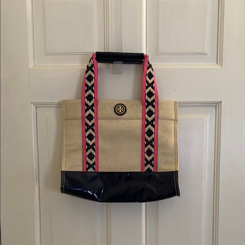 Tory Burch Stylish Beige and Navy Tote Bag